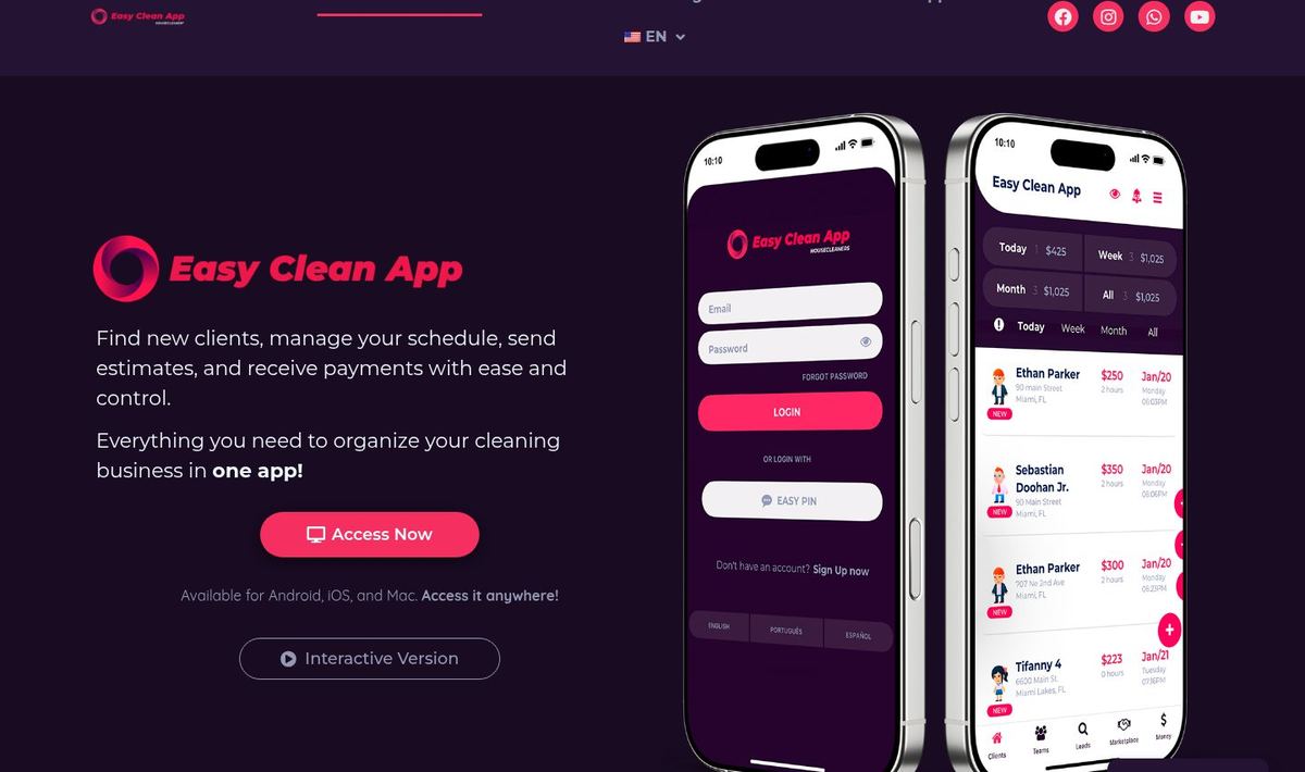 Easy Clean App screens